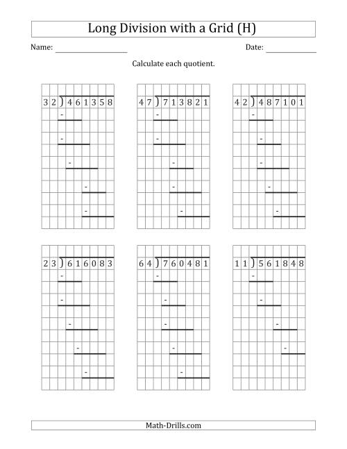 The 6-Digit by 2-Digit Long Division with Remainders with Grid Assistance and Prompts (H) Math Worksheet