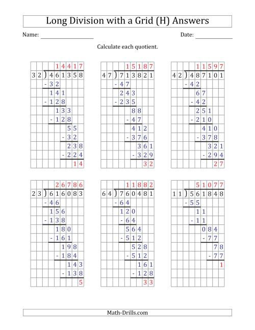 The 6-Digit by 2-Digit Long Division with Remainders with Grid Assistance and Prompts (H) Math Worksheet Page 2