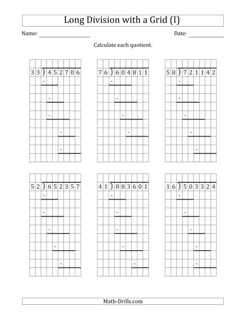 The 6-Digit by 2-Digit Long Division with Remainders with Grid Assistance and Prompts (I) Math Worksheet
