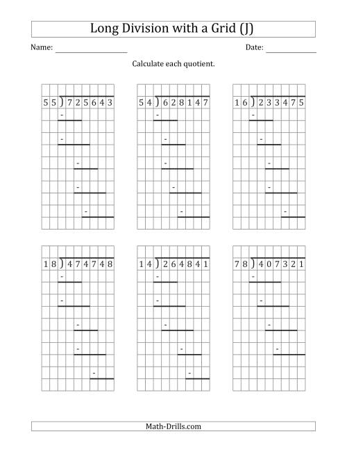 The 6-Digit by 2-Digit Long Division with Remainders with Grid Assistance and Prompts (J) Math Worksheet