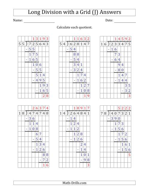 The 6-Digit by 2-Digit Long Division with Remainders with Grid Assistance and Prompts (J) Math Worksheet Page 2