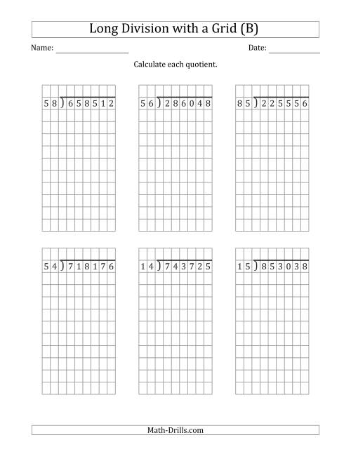 The 6-Digit by 2-Digit Long Division with Remainders with Grid Assistance (B) Math Worksheet