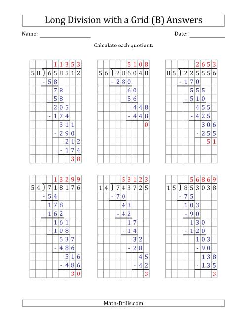The 6-Digit by 2-Digit Long Division with Remainders with Grid Assistance (B) Math Worksheet Page 2