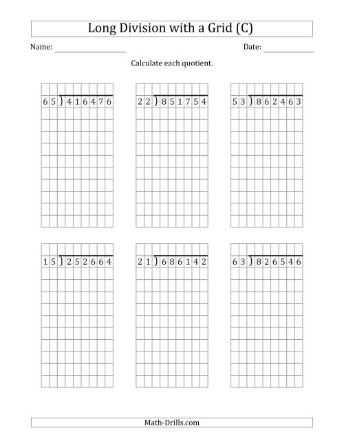 The 6-Digit by 2-Digit Long Division with Remainders with Grid Assistance (C) Math Worksheet