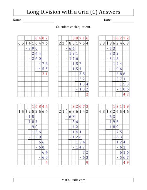 The 6-Digit by 2-Digit Long Division with Remainders with Grid Assistance (C) Math Worksheet Page 2