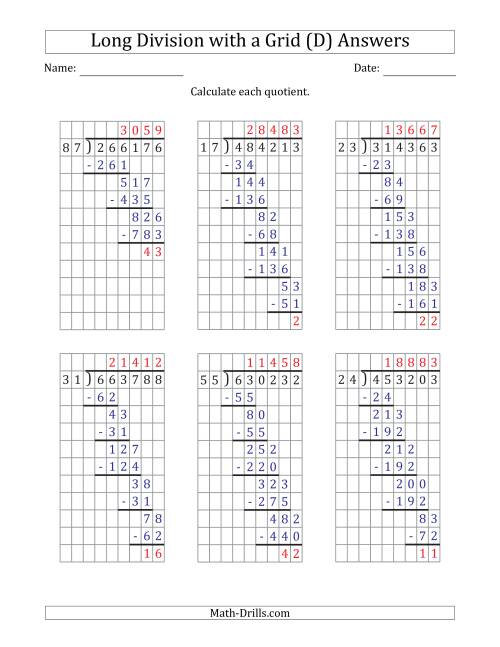 The 6-Digit by 2-Digit Long Division with Remainders with Grid Assistance (D) Math Worksheet Page 2
