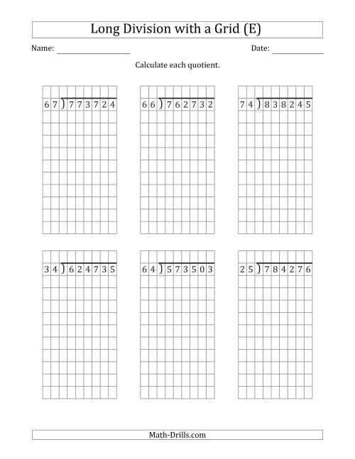 The 6-Digit by 2-Digit Long Division with Remainders with Grid Assistance (E) Math Worksheet
