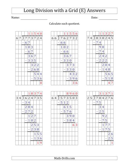 The 6-Digit by 2-Digit Long Division with Remainders with Grid Assistance (E) Math Worksheet Page 2