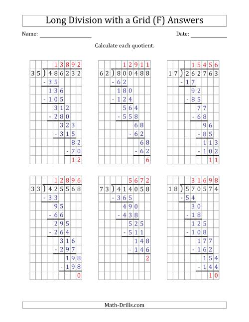 The 6-Digit by 2-Digit Long Division with Remainders with Grid Assistance (F) Math Worksheet Page 2