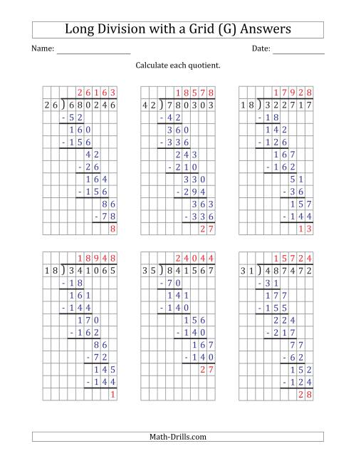 The 6-Digit by 2-Digit Long Division with Remainders with Grid Assistance (G) Math Worksheet Page 2