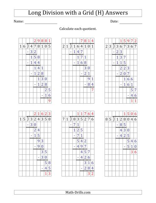The 6-Digit by 2-Digit Long Division with Remainders with Grid Assistance (H) Math Worksheet Page 2