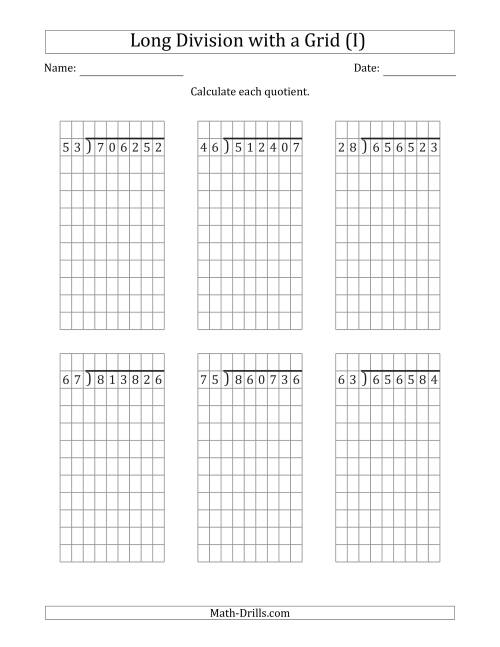 The 6-Digit by 2-Digit Long Division with Remainders with Grid Assistance (I) Math Worksheet
