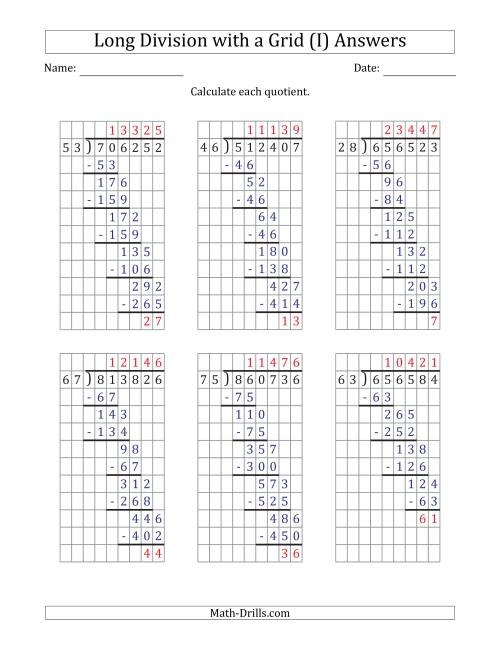 The 6-Digit by 2-Digit Long Division with Remainders with Grid Assistance (I) Math Worksheet Page 2