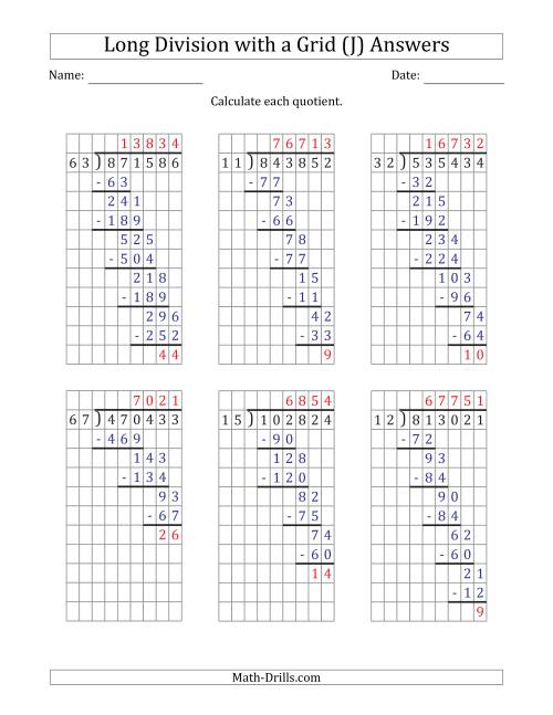 The 6-Digit by 2-Digit Long Division with Remainders with Grid Assistance (J) Math Worksheet Page 2