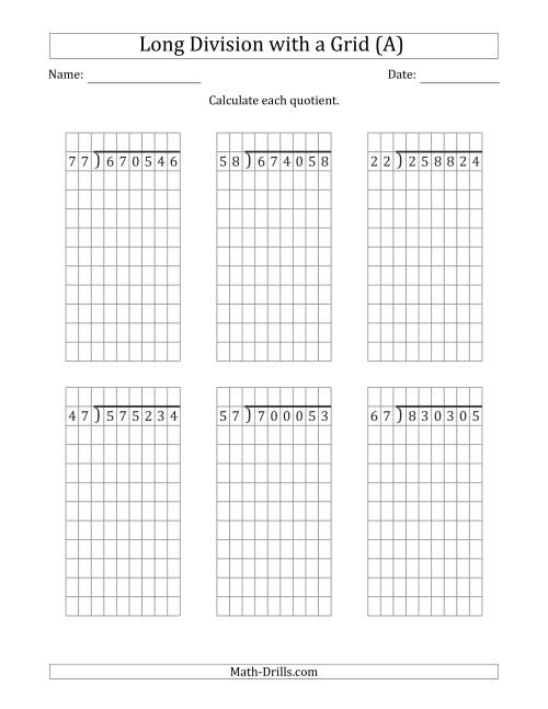 The 6-Digit by 2-Digit Long Division with Remainders with Grid Assistance (All) Math Worksheet