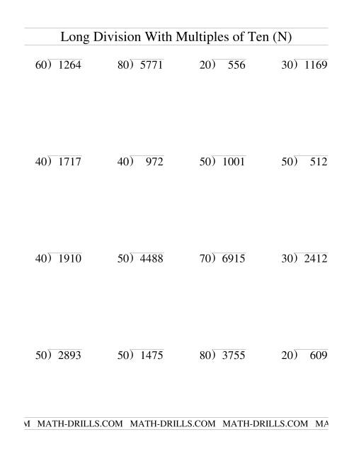 The Long Division with Multiples of 10 -- Two-Digit Quotient (N) Math Worksheet