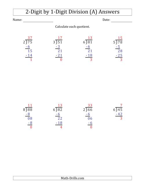 The 2-Digit by 1-Digit Long Division with Remainders and Steps Shown on Answer Key (A) Math Worksheet Page 2