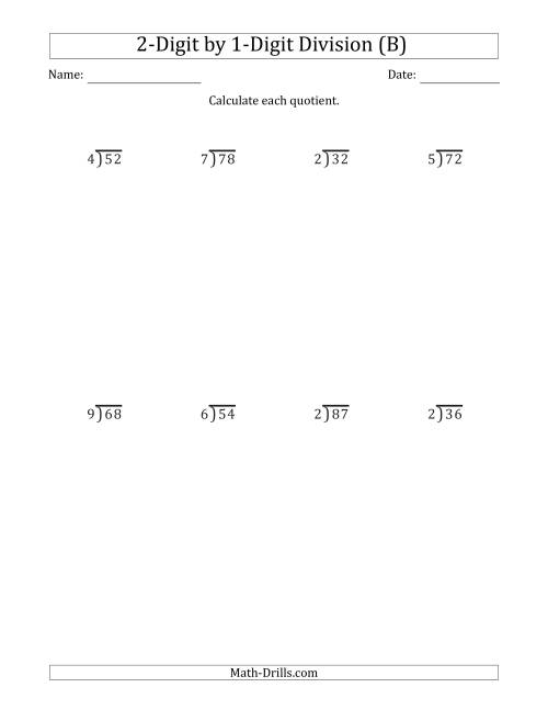 The 2-Digit by 1-Digit Long Division with Remainders and Steps Shown on Answer Key (B) Math Worksheet
