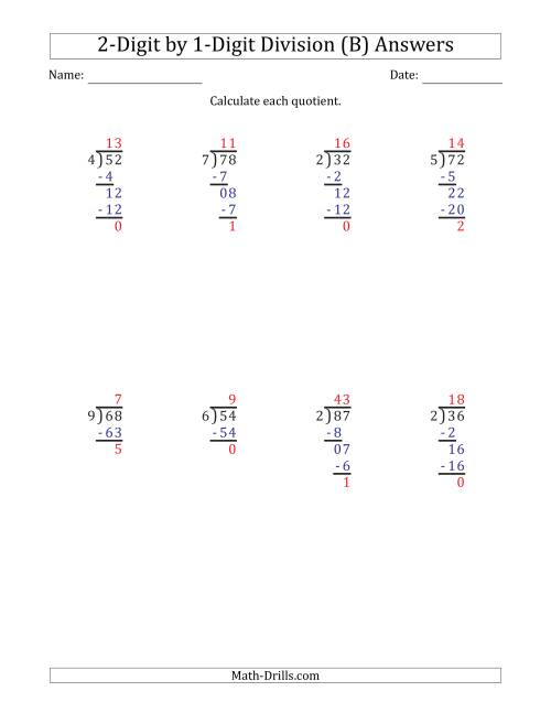 The 2-Digit by 1-Digit Long Division with Remainders and Steps Shown on Answer Key (B) Math Worksheet Page 2