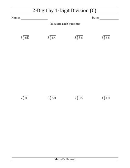 The 2-Digit by 1-Digit Long Division with Remainders and Steps Shown on Answer Key (C) Math Worksheet