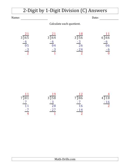 The 2-Digit by 1-Digit Long Division with Remainders and Steps Shown on Answer Key (C) Math Worksheet Page 2