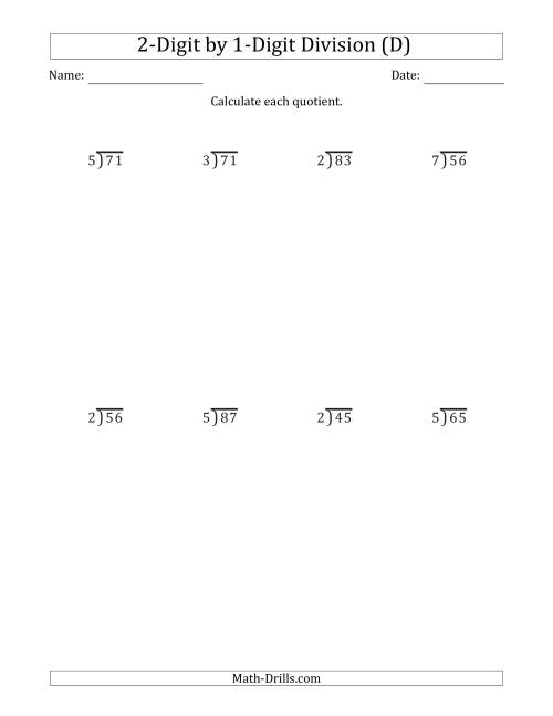 The 2-Digit by 1-Digit Long Division with Remainders and Steps Shown on Answer Key (D) Math Worksheet
