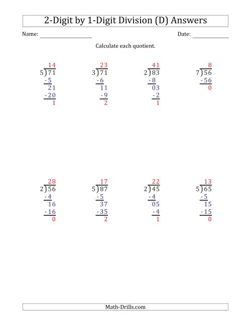 The 2-Digit by 1-Digit Long Division with Remainders and Steps Shown on Answer Key (D) Math Worksheet Page 2