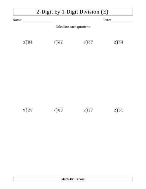 The 2-Digit by 1-Digit Long Division with Remainders and Steps Shown on Answer Key (E) Math Worksheet