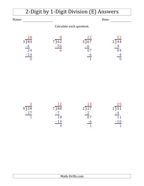 The 2-Digit by 1-Digit Long Division with Remainders and Steps Shown on Answer Key (E) Math Worksheet Page 2