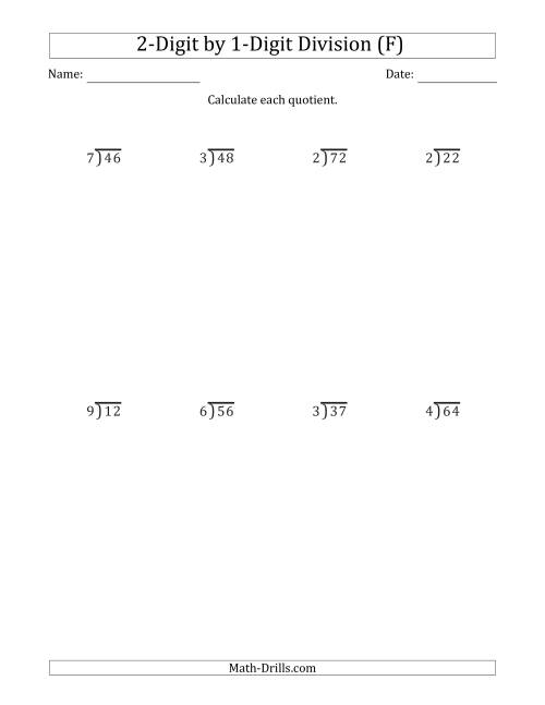 The 2-Digit by 1-Digit Long Division with Remainders and Steps Shown on Answer Key (F) Math Worksheet