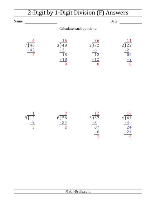 The 2-Digit by 1-Digit Long Division with Remainders and Steps Shown on Answer Key (F) Math Worksheet Page 2