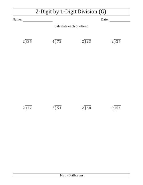 The 2-Digit by 1-Digit Long Division with Remainders and Steps Shown on Answer Key (G) Math Worksheet