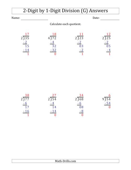 The 2-Digit by 1-Digit Long Division with Remainders and Steps Shown on Answer Key (G) Math Worksheet Page 2