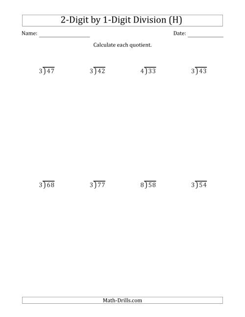 The 2-Digit by 1-Digit Long Division with Remainders and Steps Shown on Answer Key (H) Math Worksheet