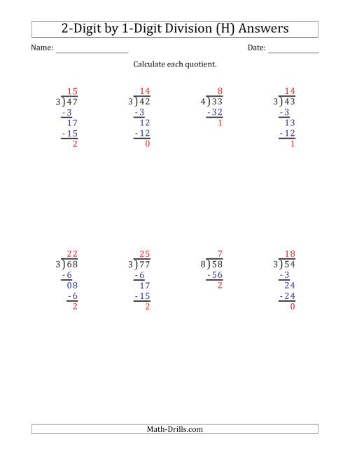 The 2-Digit by 1-Digit Long Division with Remainders and Steps Shown on Answer Key (H) Math Worksheet Page 2