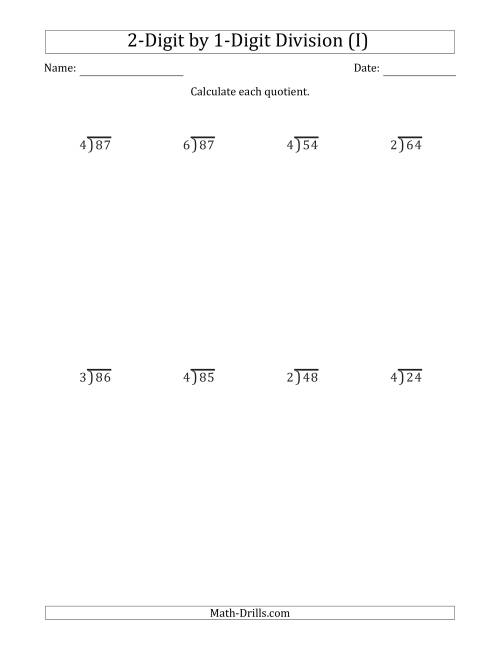 The 2-Digit by 1-Digit Long Division with Remainders and Steps Shown on Answer Key (I) Math Worksheet