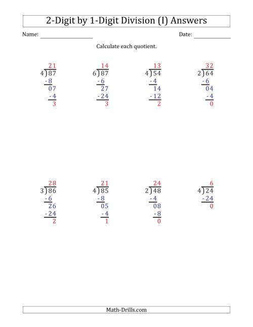 The 2-Digit by 1-Digit Long Division with Remainders and Steps Shown on Answer Key (I) Math Worksheet Page 2