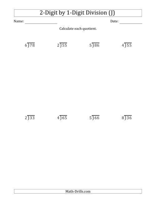 The 2-Digit by 1-Digit Long Division with Remainders and Steps Shown on Answer Key (J) Math Worksheet