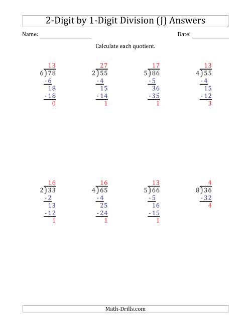 The 2-Digit by 1-Digit Long Division with Remainders and Steps Shown on Answer Key (J) Math Worksheet Page 2