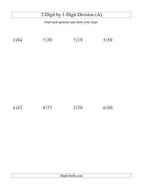The Dividing a 2-Digit Dividend by a 1-Digit Divisor and Showing Steps (Old) Math Worksheet