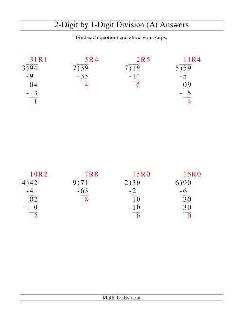 The Dividing a 2-Digit Dividend by a 1-Digit Divisor and Showing Steps (Old) Math Worksheet Page 2