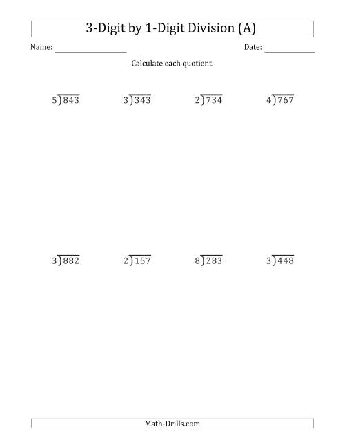 The 3-Digit by 1-Digit Long Division with Remainders and Steps Shown on Answer Key (A) Math Worksheet