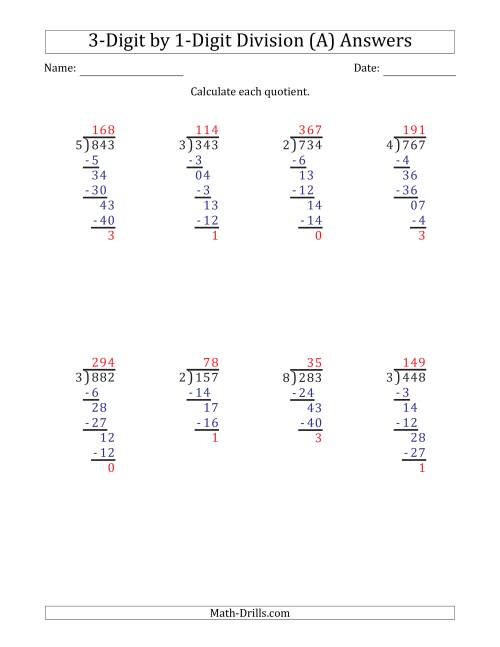 The 3-Digit by 1-Digit Long Division with Remainders and Steps Shown on Answer Key (A) Math Worksheet Page 2