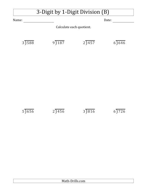 The 3-Digit by 1-Digit Long Division with Remainders and Steps Shown on Answer Key (B) Math Worksheet