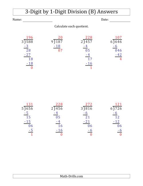 The 3-Digit by 1-Digit Long Division with Remainders and Steps Shown on Answer Key (B) Math Worksheet Page 2