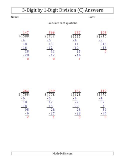 The 3-Digit by 1-Digit Long Division with Remainders and Steps Shown on Answer Key (C) Math Worksheet Page 2