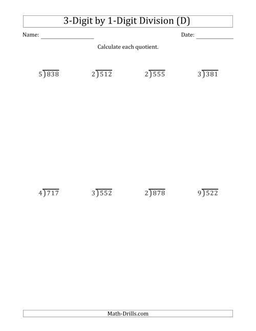 The 3-Digit by 1-Digit Long Division with Remainders and Steps Shown on Answer Key (D) Math Worksheet