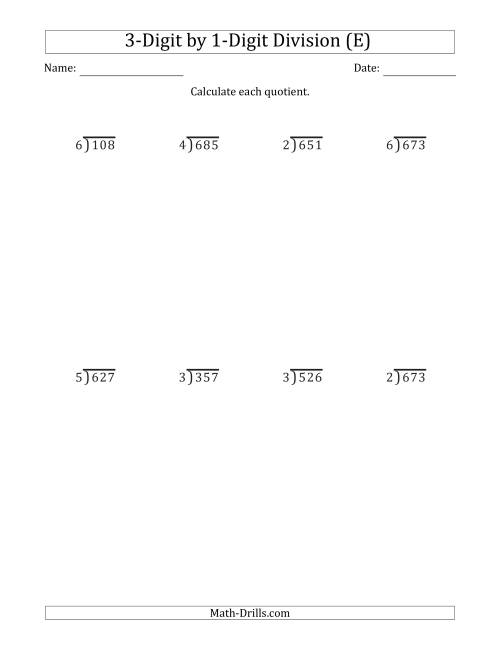 The 3-Digit by 1-Digit Long Division with Remainders and Steps Shown on Answer Key (E) Math Worksheet
