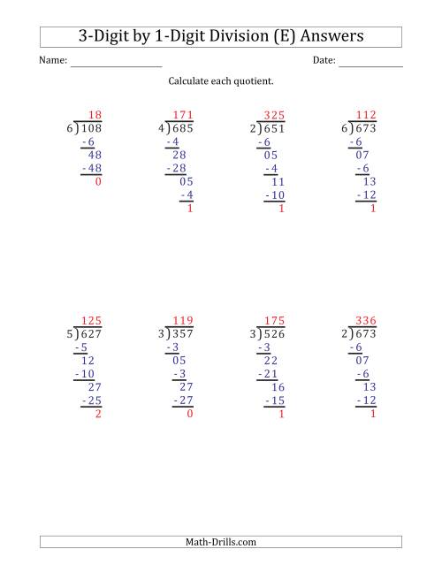 The 3-Digit by 1-Digit Long Division with Remainders and Steps Shown on Answer Key (E) Math Worksheet Page 2