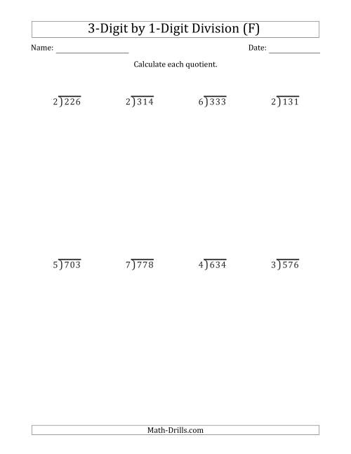 The 3-Digit by 1-Digit Long Division with Remainders and Steps Shown on Answer Key (F) Math Worksheet